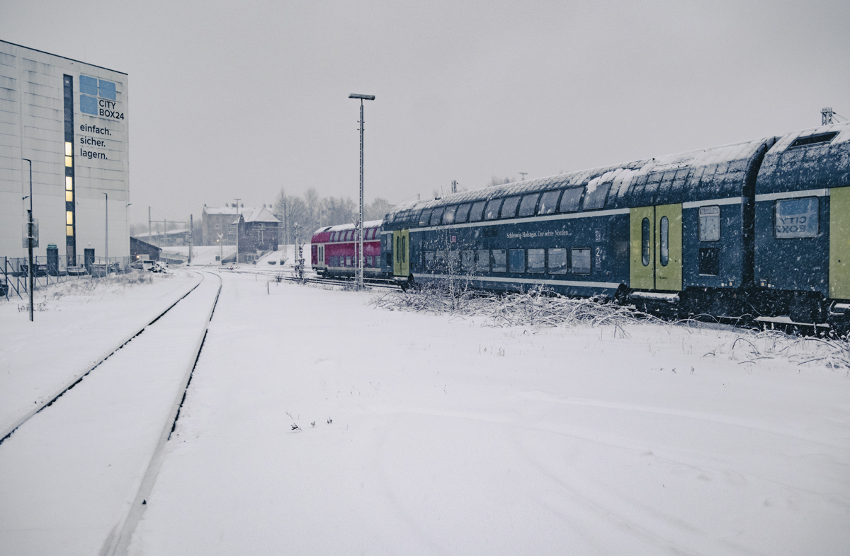 A regional train on a snowy day